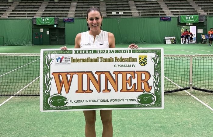 Kimberly Birrell celebrates winning an ITF 75 title in Japan. Kimberly Birrell celebrates winning an ITF 75 title in Japan.