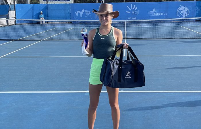 Emerson Jones celebrates her victory at the Traralgon Junior International