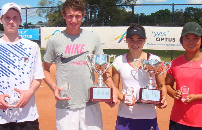 (L-R) Jake Delaney, Harry Bourchier, Isabelle Wallace and Olivia Tjandramulia show off their trophies from the 2012 Optus 16s National Claycourt Championships; Tennis Australia