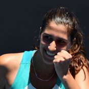 Jaimee Fourlis celebrates her first-round win over Maddison Inglis at the AO Play-off (photo: Elizabeth Xue Bai)
