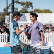 Jason Kubler (R) shakes hands with Cruz Hewitt after winning their Australian Pro Tour final in Launceston. (Photo: Nick Hanson/Tennis Australia)