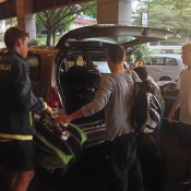 The Australian team of (L-R) Alex De Minaur, Oliver Anderson and Max Purcell arrive for the Junior Davis Cup Asia/Oceania qualifying competition in Kuching, Malaysia; Tennis Australia
