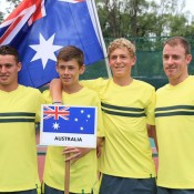 The Australian Junior Davis Cup team of (L-R) Oliver Anderson, Alex De Minaur, Max Purcell and captain Jarrad Bunt ahead of the Asia/Oceania qualifying competition in Kuching, Malaysia; Tennis Australia