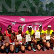 Qualifying finalists China (L) and Australia pose with their certificates after the Australian team of (L-R) Priscilla Hon, Kimberly Birrell, Maddison Inglis and captain Louise Pleming won finished atop the Junior Fed Cup Asia/Oceania qualifying competition following a 2-0 win; Tennis Australia