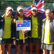 The Australian Junior Fed Cup team of (L-R) Kimberly Birrell, Maddison Inglis, Priscilla Hon and captain Louise Pleming pose at the opening ceremony of the Asia/Oceania qualifying event in Kuching, Malaysia; Tennis Australia 