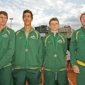 Australia's Junior Davis Cup team of (L-R) Harry Bouchier, Thanasi Kokkinakis, Blake Mott and captain Mark Woodforde at the medal ceremony following their loss to Italy in the final in Barcelona; photo Srdjan Stevanovic