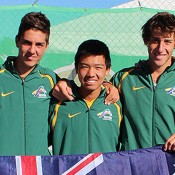 Australian Junior Davis Cup team (L-R) Thanasi Kokkinakis, Li Tu and Daniel Guccione; Bill Conroy