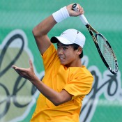 Li Tu in action in the first singles rubber of the Australia v Japan final as part of the Junior Davis Cup Asia/Oceania qualifying competition final; Bill Conroy