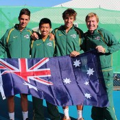 Australia's victorious Junior Davis Cup team (L-R) Thanasi Kokkinakis, Li Tu, Daniel Guccione and captain Mark Woodforde; Bill Conroy