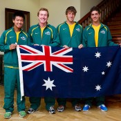 Australia's Junior Davis Cup team (L-R) Li Tu, captain Mark Woodforde, Daniel Guccione and Thanasi Kokkinakis