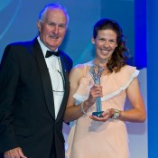 Kelly Wren (R) poses with Australian tennis legend Neale Fraser after winning the award for Most Outstanding Athlete with a Disability at the 2011 Newcombe Medal Australian Tennis Awards; Tennis Australia