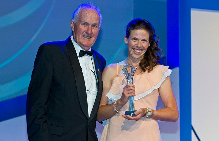 Kelly Wren (R) poses with Australian tennis legend Neale Fraser after winning the award for Most Outstanding Athlete with a Disability at the 2011 Newcombe Medal Australian Tennis Awards; Tennis Australia