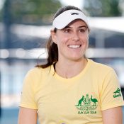 Kimberly Birrell speaks to the media ahead of the 2025 Billie Jean King Cup Qualifiers at Pat Rafter Arena (photo: Josh Woning)