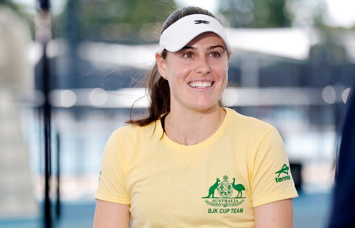 250405 BJKC QUALIFIERS Kimberly Birrell speaks to the media ahead of the 2025 Billie Jean King Cup Qualifiers at Pat Rafter Arena (photo: Josh Woning)