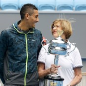 Nick Kyrgios and Margaret Court share a joke at Margaret Court Arena. FIONA HAMILTON