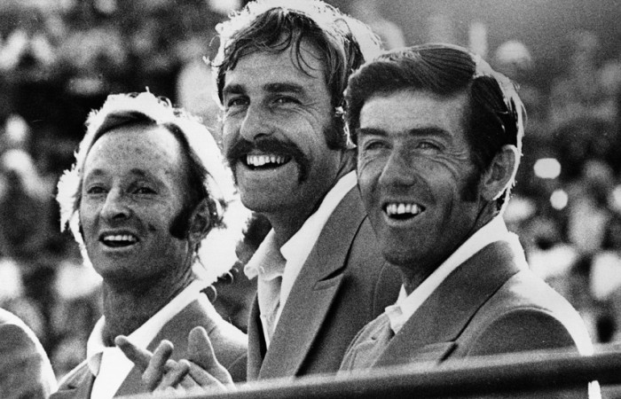 Nov 1973:  The Australian Davis Cup team for the Finals against The USA in Cleveland. The ''old boys'',  Laver (L) and Rosewall (R),  are recalled to the team alongside John Newcombe (centre). Mandatory Credit: Allsport Hulton/Archive