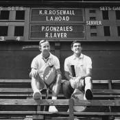 22nd August 1967:  Australian tennis stars Rod Laver (left) and Ken Rosewall take a break from a practice session. Laver holds a Dunlop racket while Rosewall's is by Slazenger.  (Photo by Robert Stiggins/Express/Getty Images)