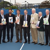 Australian tennis legends (L-R) Neale Fraser, John Newcombe, Patrick Rafter, Pat Cash, Ashley Cooper, Fred Stolle, Ken Rosewall, Tony Roche and Frank Sedgman pose after being honoured on a postage stamp as recipients of the 2016 Australia Post Legends Award; Vince Caligiuri/Getty Images
