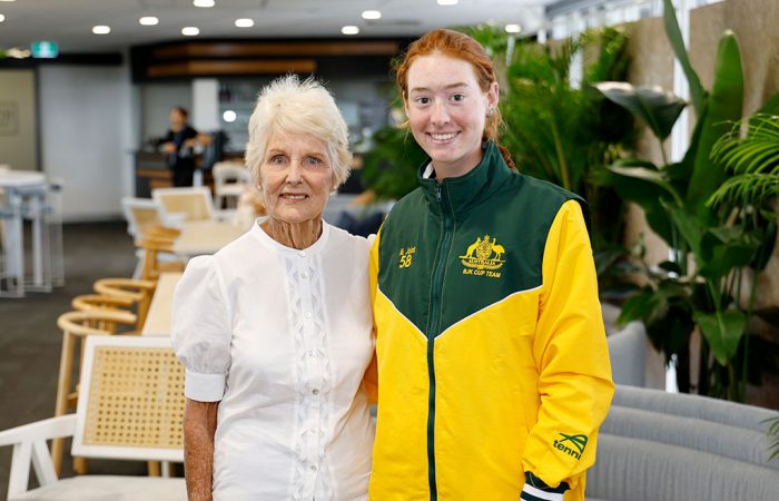 Maya Joint and Lesley Bowrey Lesley Bowrey AM and Maya Joint prior to the 2025 Billie Jean King Cup Qualifiers at Pat Rafter Arena in Brisbane (Photo: Josh Woning)