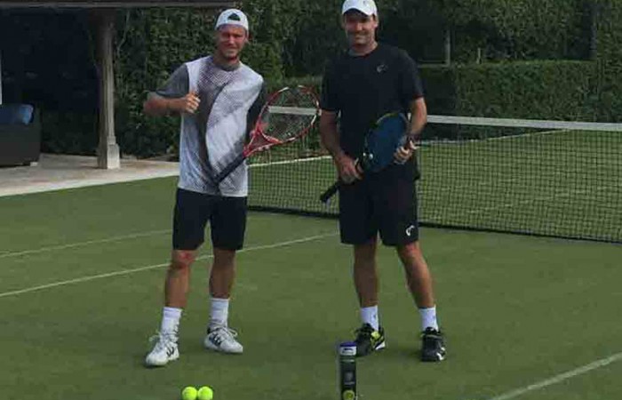 Lleyton-&-Jaymon Jaymon Crabb is helping Lleyton Hewitt prepare for Wimbledon; supplied