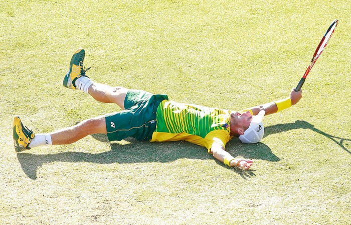 Historic day for Australia in Davis Cup Lleyton Hewitt celebrates his victory over Aleksandr Nedovyesov in the decisive fifth rubber of the Australia v Kazakhstan Davis Cup World Group quarterfinal in Darwin; Getty Images