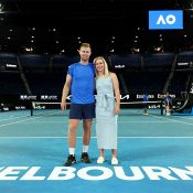 Luke Saville, pictured with fellow pro tennis player and wife Daria Saville, at Rod Laver Arena after his last professional match at Australian Open 2025. 