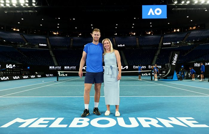 Luke-Saville-last-match Luke Saville, pictured with fellow pro tennis player and wife Daria Saville, at Rod Laver Arena after his last professional match at Australian Open 2025.