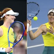 Maya Joint (L) and Kimberly Birrell celebrate their Billie Jean King Cup singles victories over Colombia at Pat Rafter Arena (Photos: Getty Images & Tennis Australia)