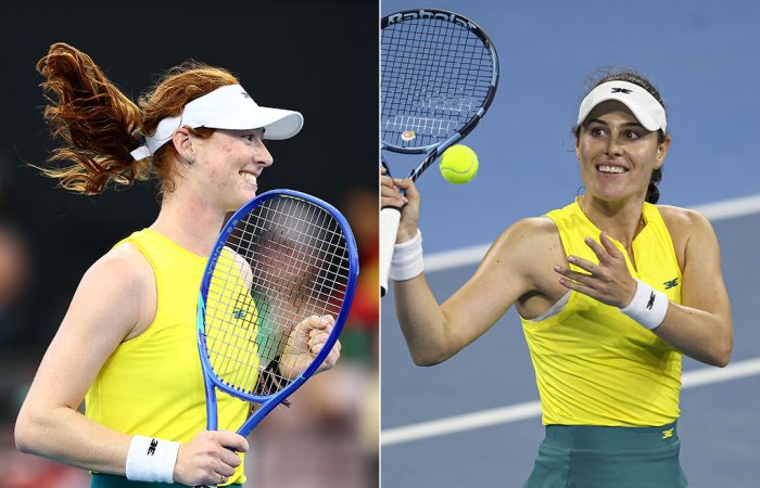 Maya Joint (L) and Kimberly Birrell celebrate their Billie Jean King Cup singles victories over Colombia at Pat Rafter Arena (Photos: Getty Images & Tennis Australia)