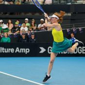 April 10: Maya Joint (AUS)  during the 2025 Billie Jean King Cup Qualifiers at Pat Rafter Arena in Brisbane, Queensland on Thursday, April 10, 2025. Photo by DYLAN PARKER