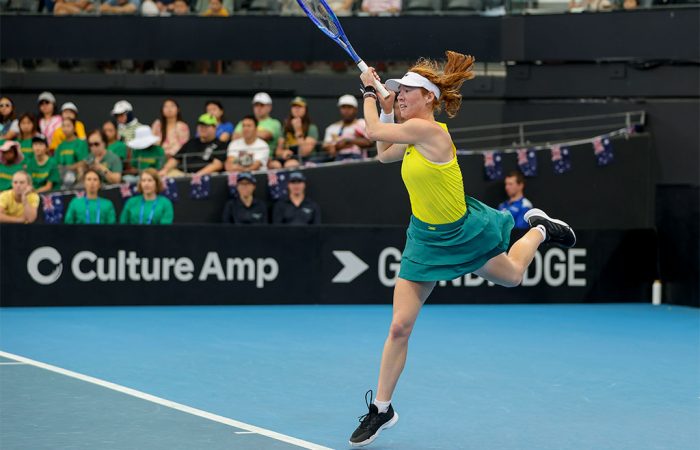 Maya Joint at the Billie Jean April 10: Maya Joint (AUS) during the 2025 Billie Jean King Cup Qualifiers at Pat Rafter Arena in Brisbane, Queensland on Thursday, April 10, 2025. Photo by DYLAN PARKER