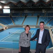 Margaret Court and Margaret Court Arena architect Hamish Lyon at the launch of Australian Open 2015. FIONA HAMILTON