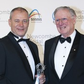 Wayne McKewen (L) poses with Frank Sedgman after winning the Excellence in Officiating Award at the 2012 Newcombe Medal Australian Tennis Awards; Mae Dumrigue