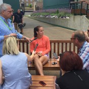 Jarmila Gajdosova (centre) chats to the media 