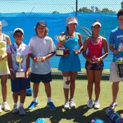 All the finalists from the 2013 National Grasscourt Championships singles events in Mildura: (L-R) Nicole Kramer (SA), Gabrielle O'Gorman (NSW), Rinky Hijikata (NSW), Sam May (SA), Jessica Zaviacic (VIC), Kyra Yap (QLD), Daniel Hobart (SA) and Alex De Minaur (NSW); Tennis Australia