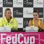 Alicia Molik (L) and Ash Barty speak to the media following Barty's win over Victoria Azarenka in the second singles rubber of Australia's Fed Cup semifinal against Belarus (Getty Images)