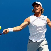 Nathan Healy hits a forehand return during his match with Miles Armstrong during the Australian Open Wildcard Playoff held at Melbourne Park in December, 2007 . Photo by Mark Dadswell/Getty Images