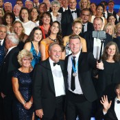 Sam Groth (centre, front) and John Newcombe pose with tennis players past and present for the traditional Newcombe Medal, Australian Tennis Awards group photo; Getty Images