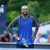 Nick Kyrgios beat Mackenzie McDonald in the first round of the Miami Open. (Photo by Rich Storry/Getty Images)