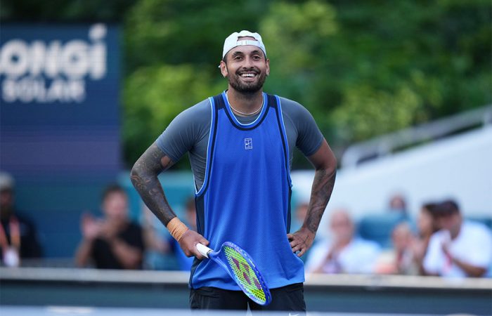 Miami Open Presented by Itau 2025 - Day 2 Nick Kyrgios beat Mackenzie McDonald in the first round of the Miami Open. (Photo by Rich Storry/Getty Images)