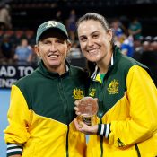 Nicole Pratt (L) and Kimberly Birrell during the 2025 Billie Jean King Cup Qualifiers at Pat Rafter Arena in Brisbane (Photo: Josh Woning)