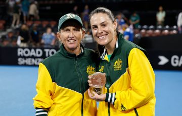 Nicole Pratt (L) and Kimberly Birrell during the 2025 Billie Jean King Cup Qualifiers at Pat Rafter Arena in Brisbane (Photo: Josh Woning)