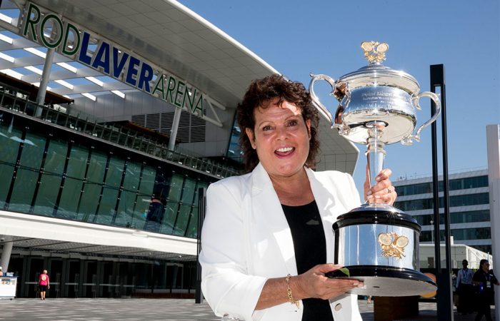 Evonne Goolagong Cawley  with the Daphne Akhurst Memorial Cup  2019 Australian Open  Trophy arrival and Welcome ceremony   Monday, January 14, 2019. MANDATORY PHOTO CREDIT Tennis Australia/ Fiona Hamilton