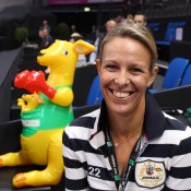 Australian Fed Cup coach Nicole Bradtke, accompanied by an inflatable Australian mascot; Tennis Australia