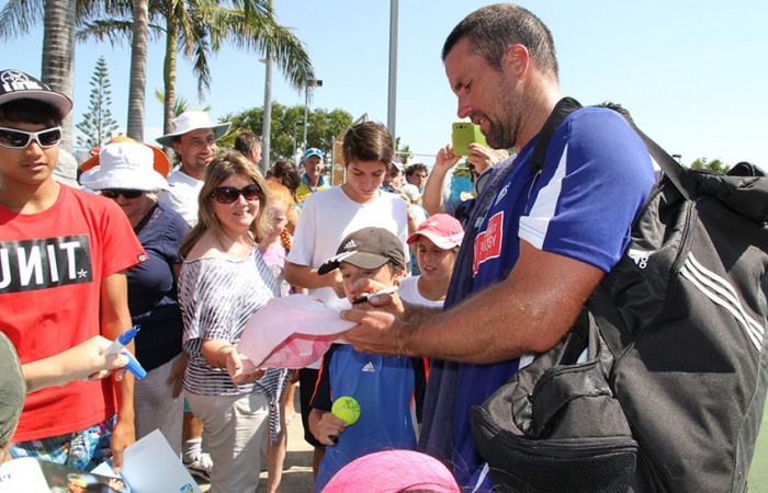 Pat Rafter ATL Pat Rafter signs autographs for fans after his win for Sunshine Coast Breakers in the ATL Queensland Conference against Gavin Van Peperzeel of the Tennis Brisbane Chargers; Tennis Queensland