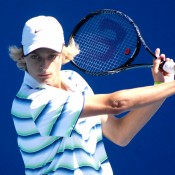 Kody Pearson in action during the 2014 16/u Australian Championships at Melbourne Park; Mae Dumrigue