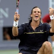 Pat Rafter celebrates after clinching match point over Greg Rusedski in the final of the 1997 US Open in New York; Getty Images