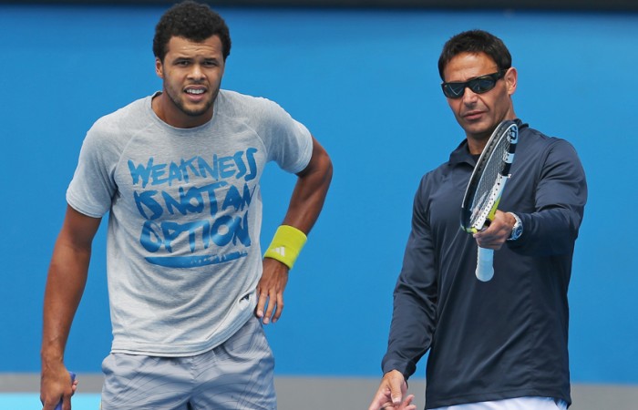 Tsonga Rasheed Jo-Wilfried Tsonga with coach Roger Rasheed (R) during a practice session ahead of the 2013 Australian Open at Melbourne Park; Getty Images