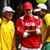 Tony Roche, Roger Federer and Pat Rafter, Davis Cup, Sydney, 2011. GETTY IMAGES