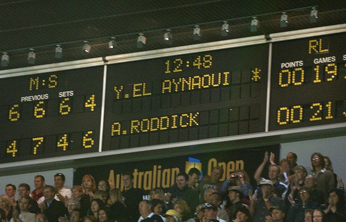 MELBOURNE - JANUARY 22:  The final scoreboard that shows Andy Roddick of the USA wins in five epic sets against Younes El Aynaoui of Morocco during the Australian Open Tennis Championships at Melbourne Park, Melbourne, Australia on January 22, 2003. (Photo by Clive Brunskill/Getty Images).